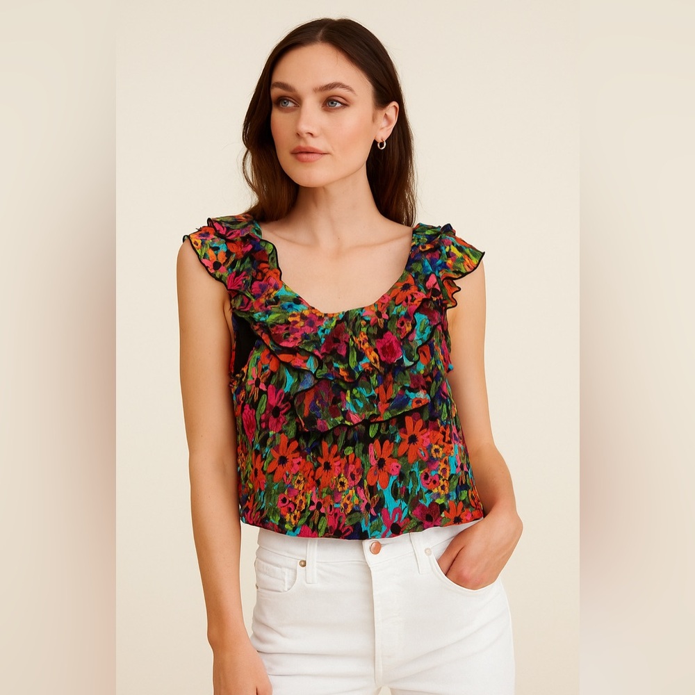 SPENSE | Colorful Watercolor Floral Ruffle Blouse